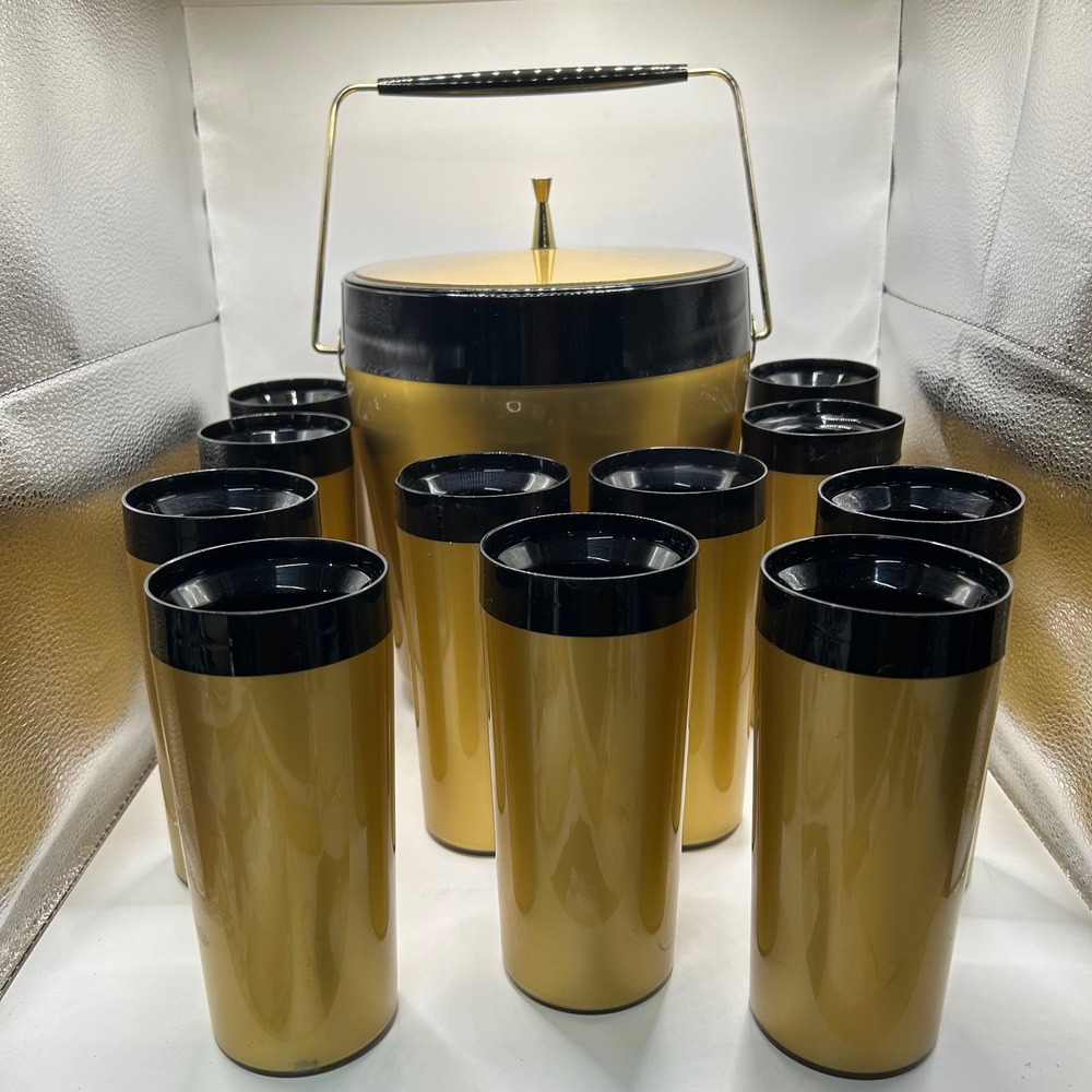 Vintage IRC Gold Black MCM Ice Bucket and‎ 11 Tumbler Barware Set Made in USA